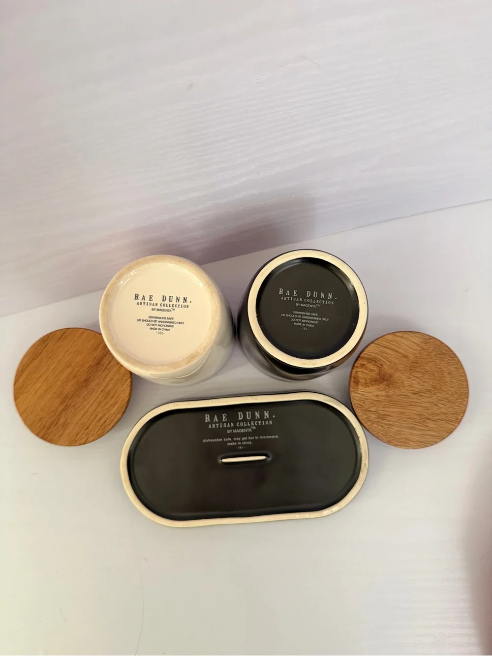 Rae Dunn Salt & Pepper Cellars Set with Wooden Lids - Black and Cream